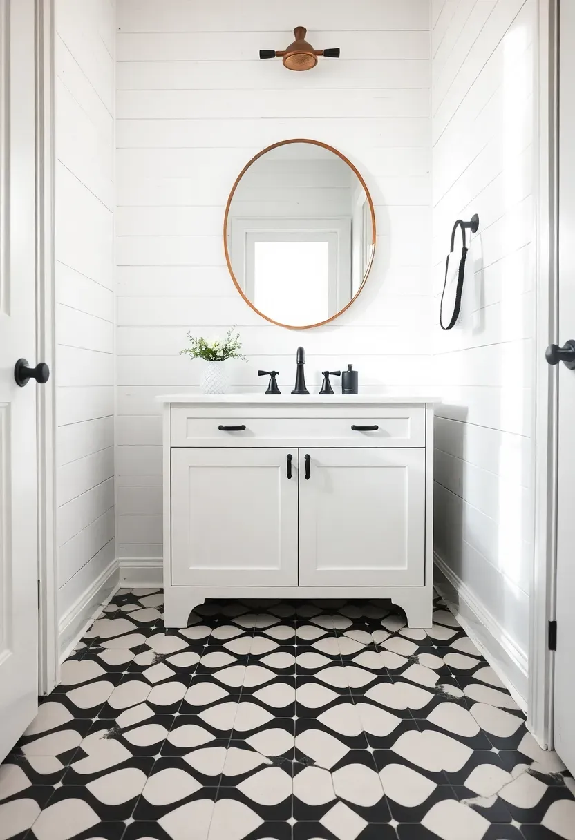 Bold black and white geometric tile pattern on bathroom floor with diamond shapes — modern monochrome bathroom design