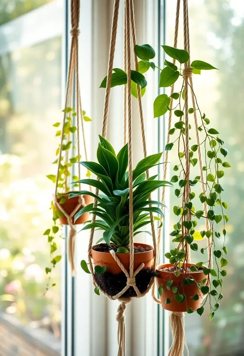 Cluster of three macramé hanging planters at different heights near a sunroom window holding pothos, spider plant, and string of hearts with warm light filtering through leaves