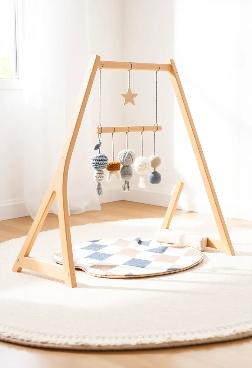 minimalist wooden baby activity gym with hanging toys in natural wood tones