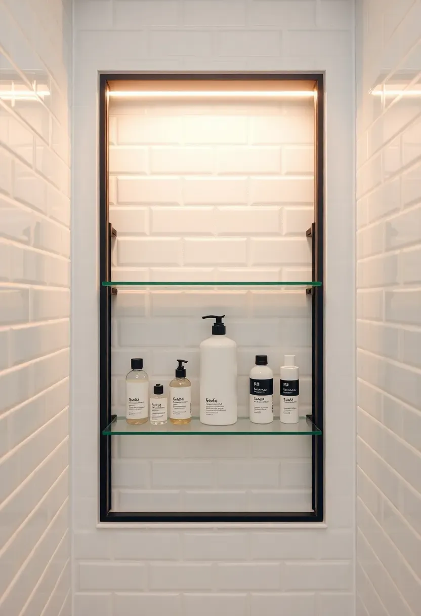 Black-framed shower niche with clear glass shelves holding toiletries in a tiled apartment bathroom