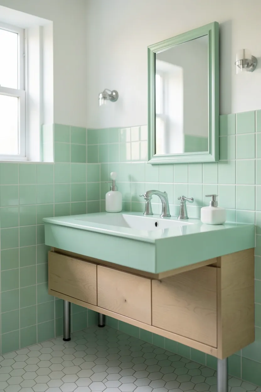 Mint green Toca Boca bathroom with subway tiles, white fixtures, and fresh green potted plants on a rental windowsill