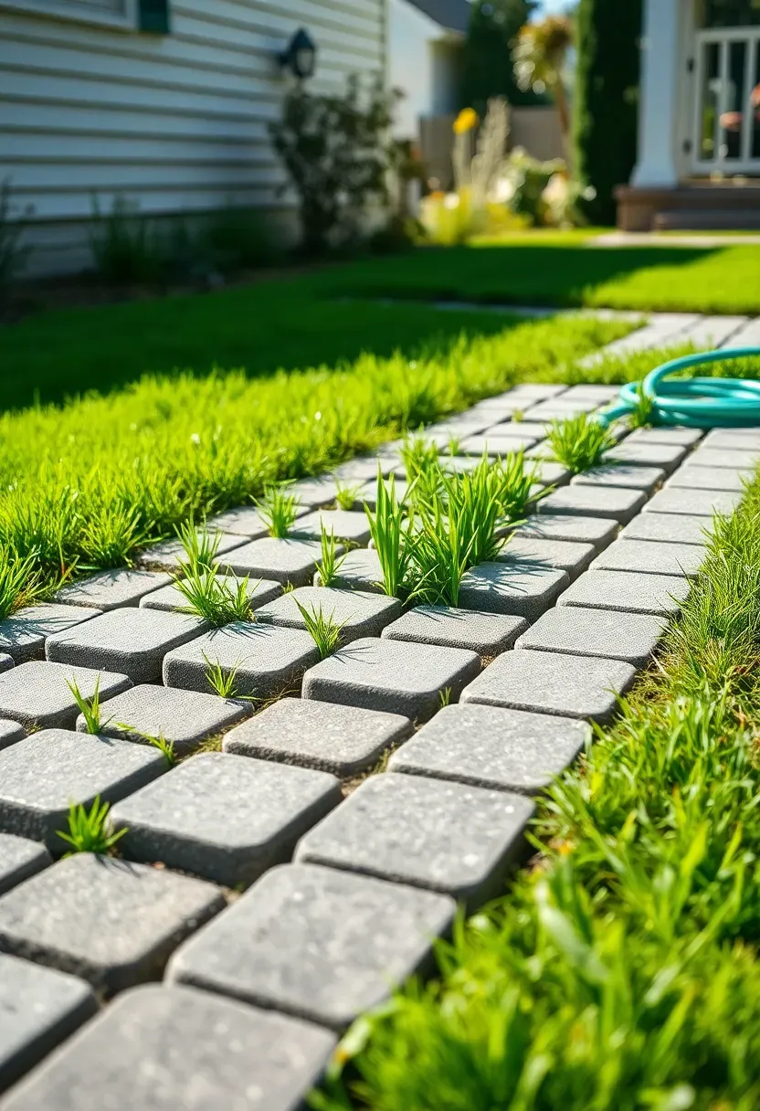 Permeable interlocking pavers with grass growing through the gaps in a suburban backyard