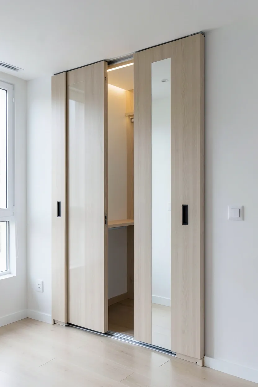 Tall white sliding door cabinet concealing gym equipment in a minimalist home gym — renter-friendly storage solution for workout spaces