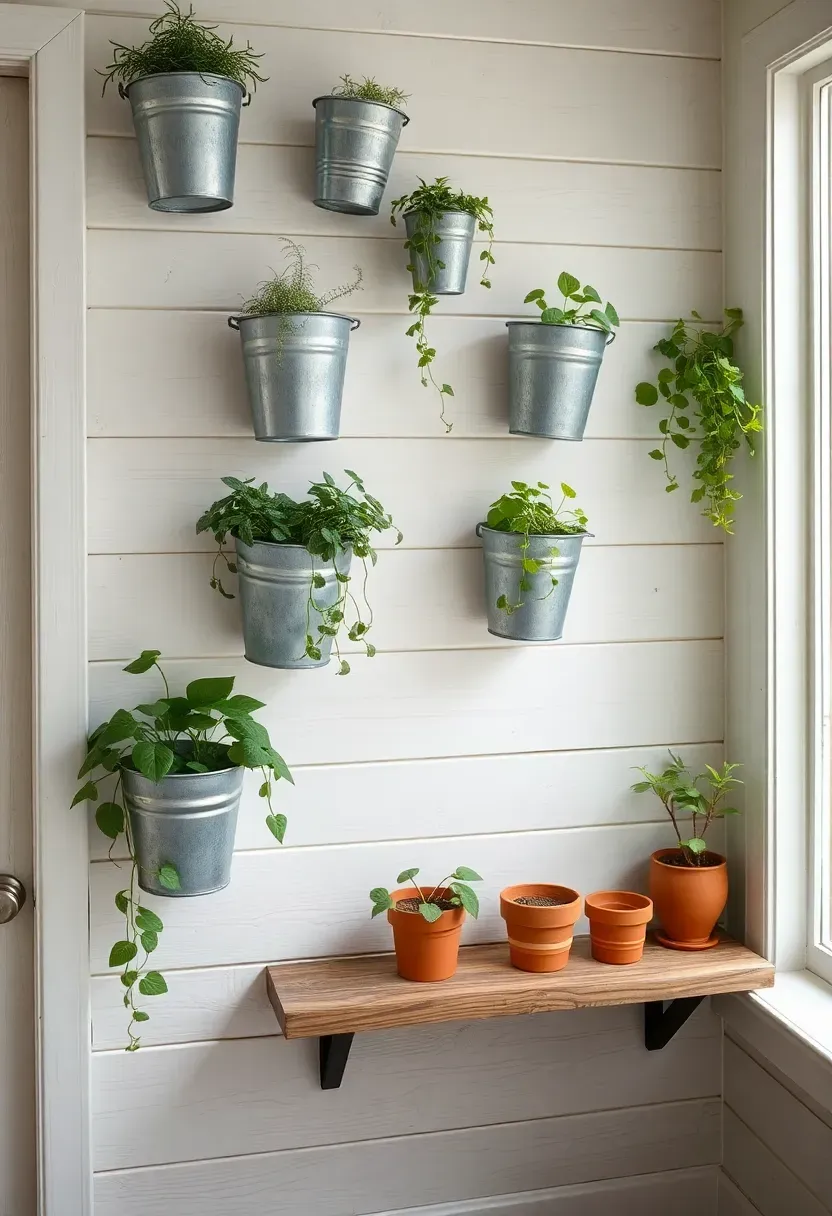 Farmhouse sunroom wall with a grid of galvanized metal planters holding trailing herbs and small succulents with wooden shelves alongside
