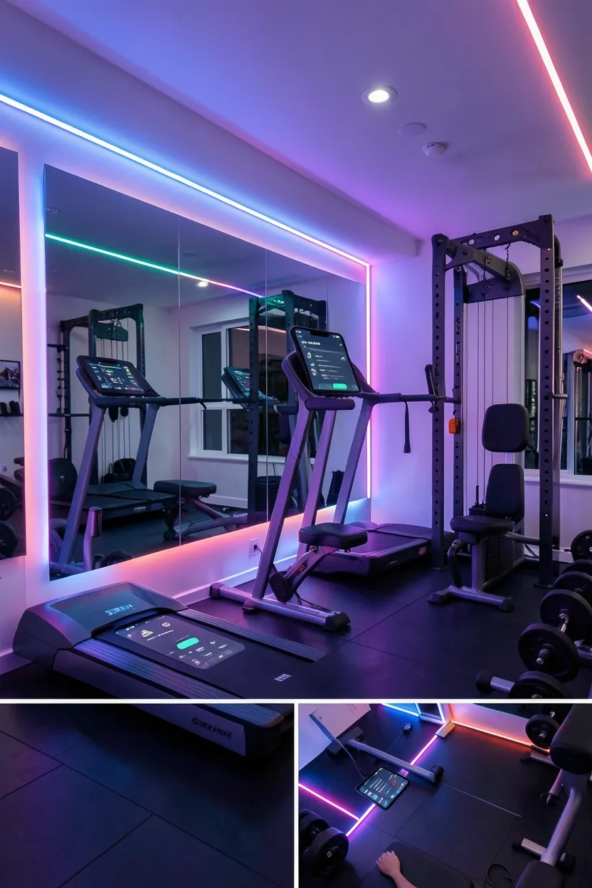 Double mirror setup on two adjacent gym walls showing front and side workout angles simultaneously in a small room