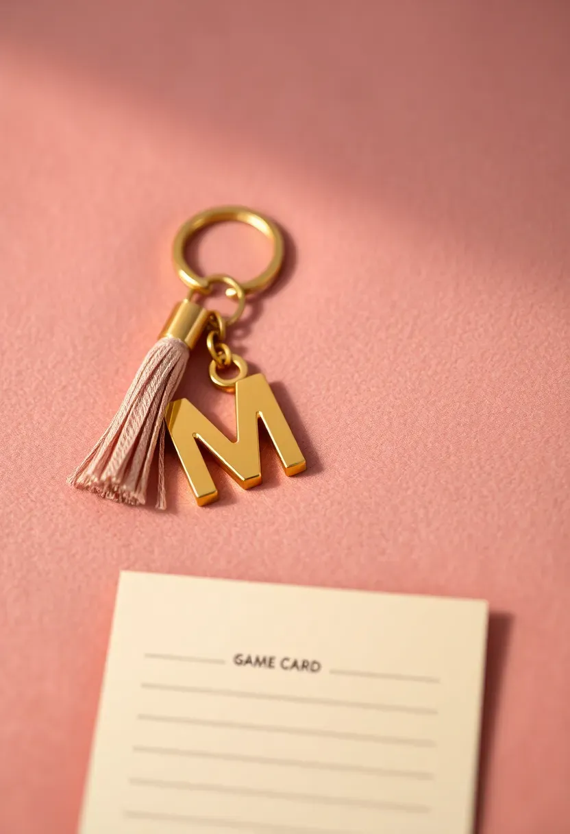 personalized gold letter keychain with a small tassel attached displayed on a blush velvet surface next to a baby shower game card