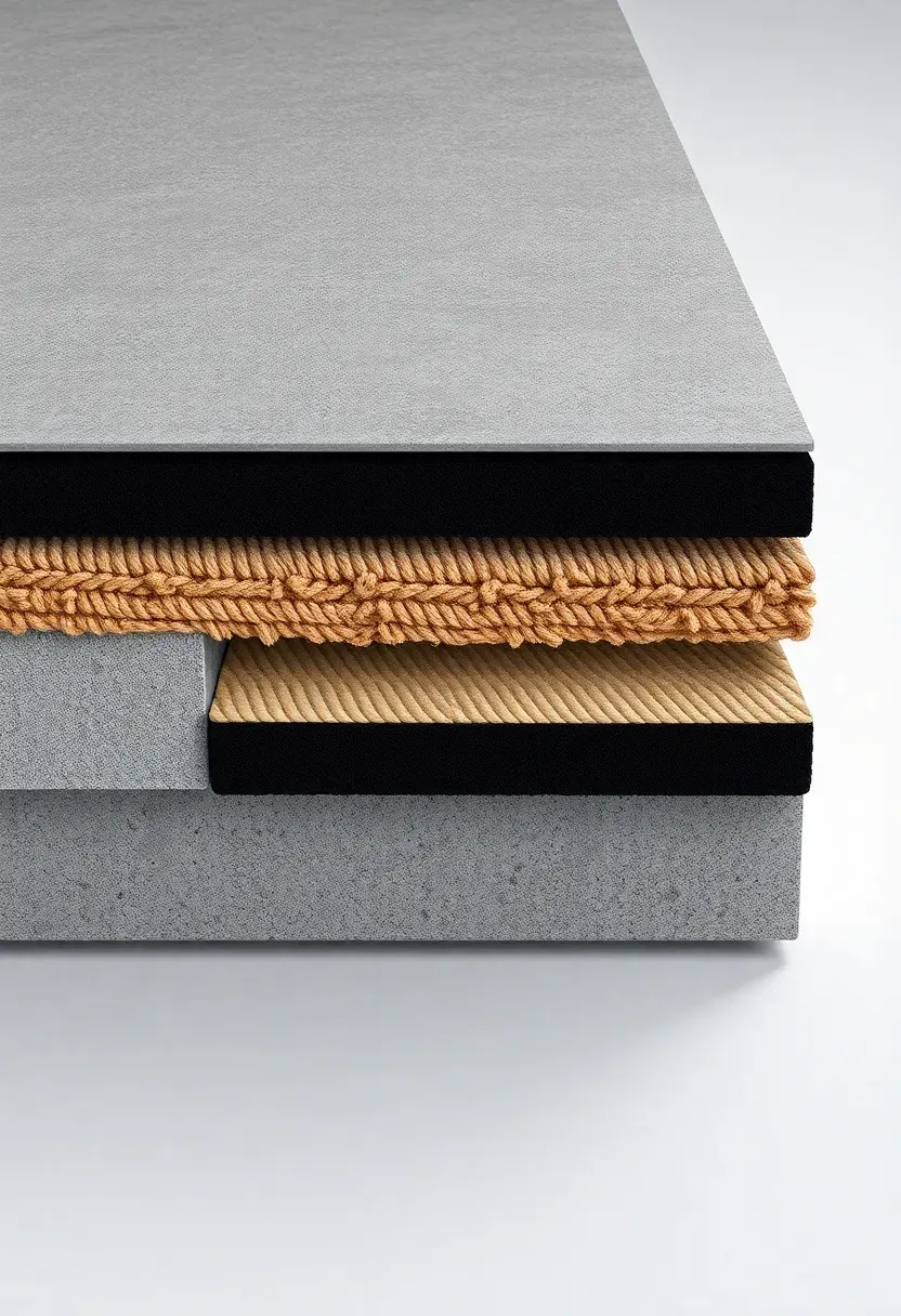 cross-section diagram showing basement carpet with built-in moisture barrier layers over concrete slab