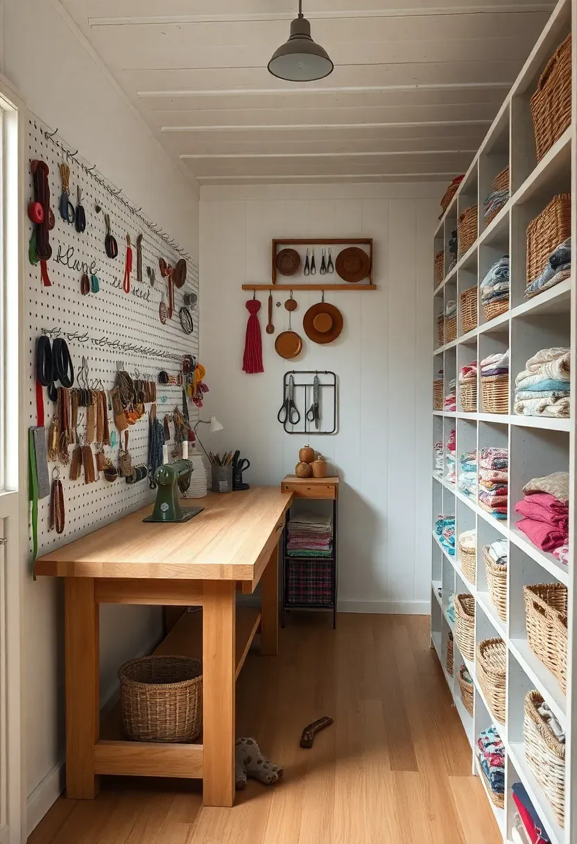 She shed crafting studio with white pegboard wall, butcher-block worktable, Singer-style sewing machine, and cubby shelves of fabric bolts in jewel tones