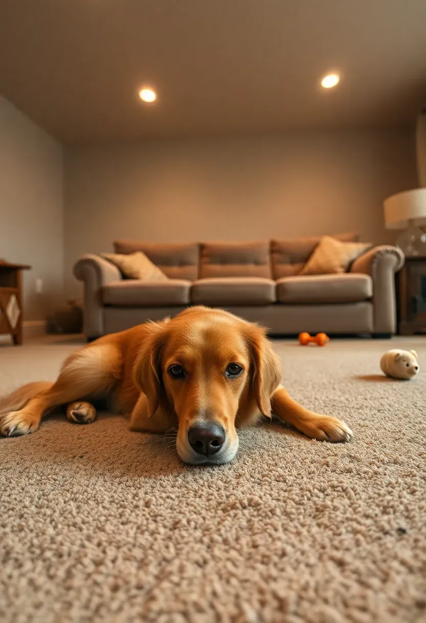 basement family room with stain-resistant carpet in a warm taupe tone and a dog resting on the floor