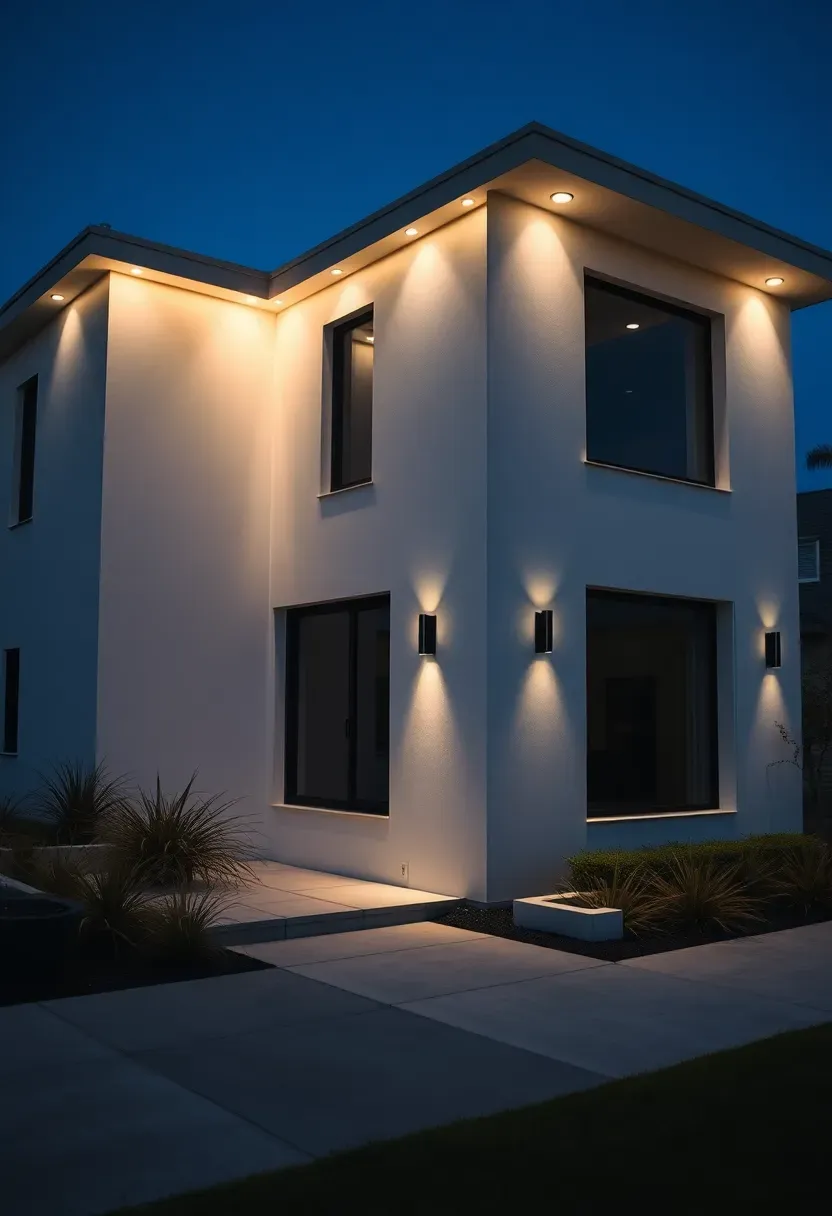 Hyper-realistic 3/4 view of a modern residential home featuring vertical light strands highlighting only the front corners and edges of the facade, leaving the main surfaces dark for dramatic architectural emphasis and contrast. Materials: smooth white stucco facade, flat roof overhangs, dark window glass, minimalist landscaping with ornamental grasses, concrete walkway. Natural evening darkness with vertical light strands defining building corners while main surfaces remain in shadow for dramatic architectural emphasis, cool blue ambient sky. Sophisticated modern mood like contemporary art museum holiday event. Shallow depth of field, sharp details on corner light strands, minimal composition with strong architectural lines, dramatic shadows, no text or watermarks.</p>