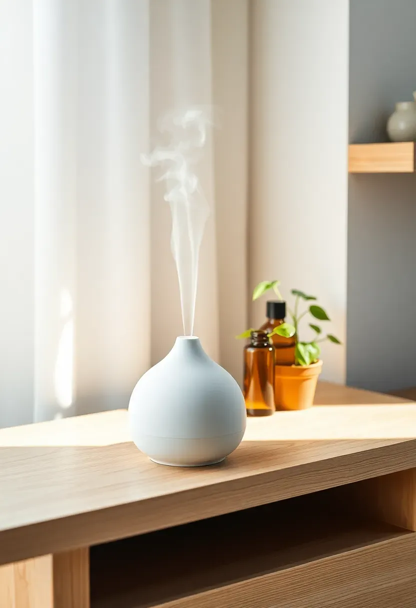 Small matte ceramic aromatherapy diffuser emitting soft mist on a desk with essential oil bottles and a plant