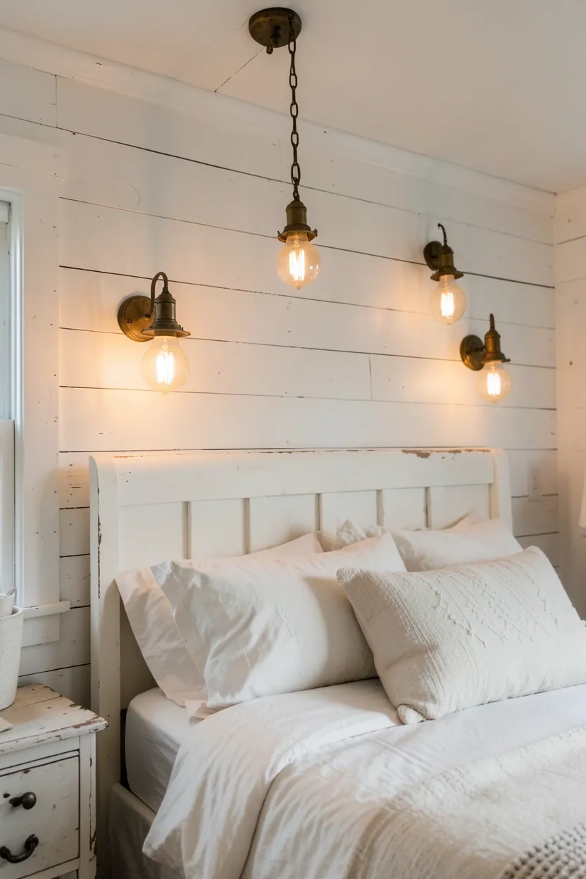 Antique brass pendant light with exposed Edison bulb casting warm glow in a vintage farmhouse bedroom