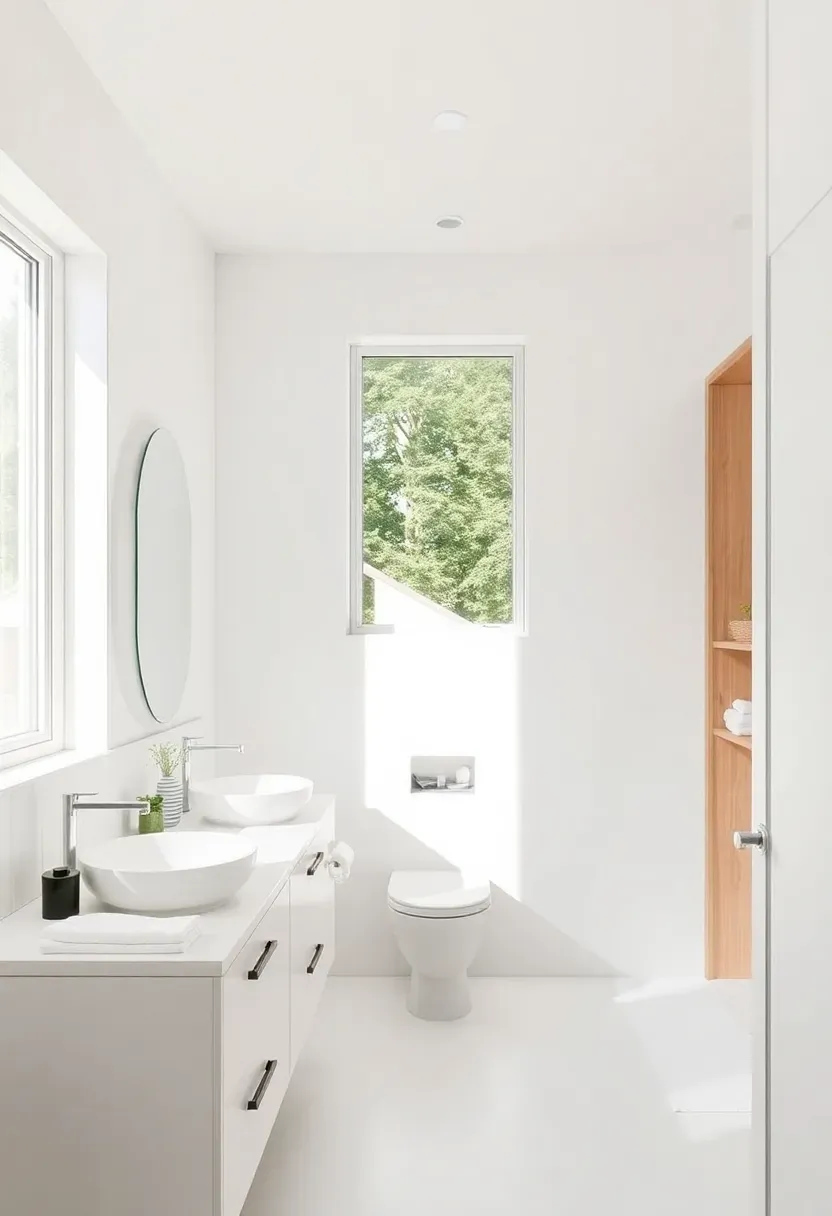Scandinavian bathroom with light birch wood accents crisp white tiles and a simple floating vanity for clean minimal style
