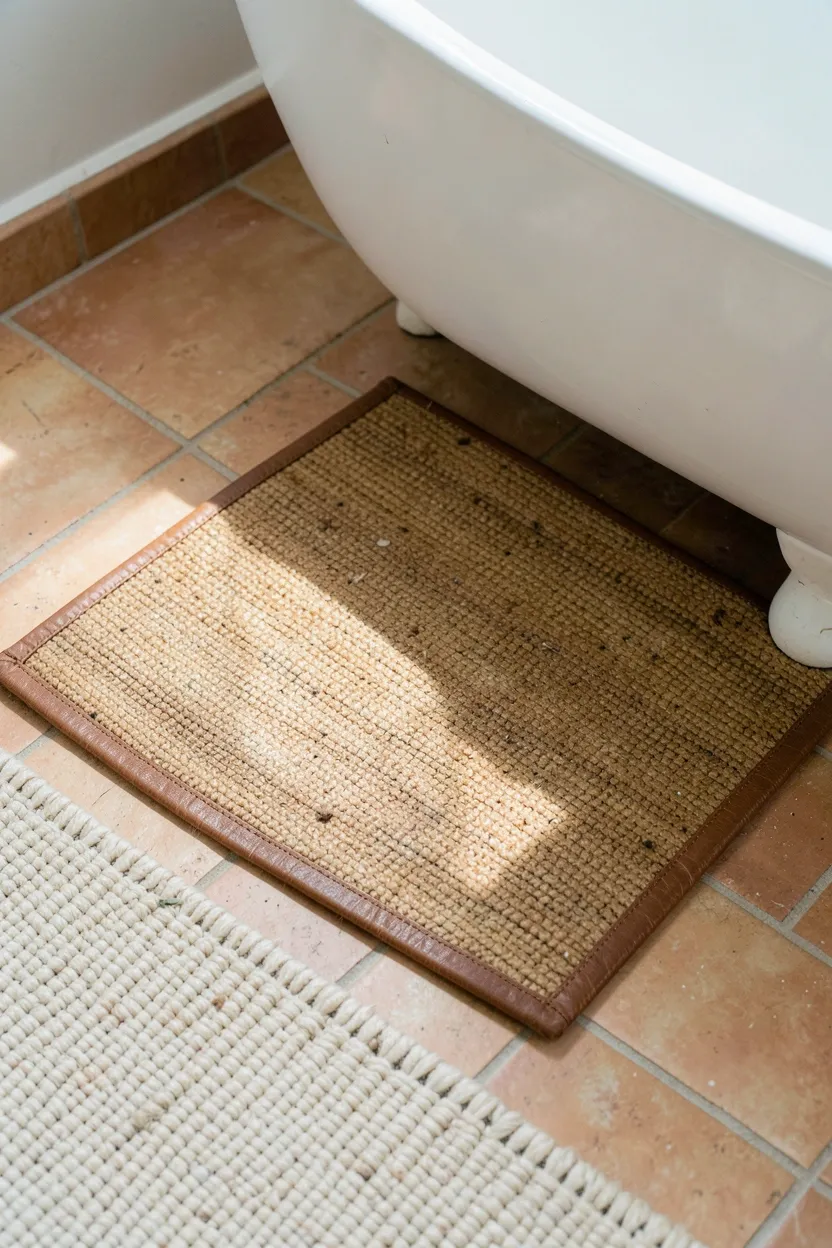 Hyper-realistic eye-level photograph of boho bathroom floor showing rectangular jute bath mat with leather edge trim in medium brown, placed on light terracotta tile floor, partially covering cream woven rug, white bathtub feet visible. Natural light. Materials: natural jute fiber, leather trim, terracotta tile. Textured organic boho aesthetic. Slight wear showing daily use. No text, no logos, no watermarks.</p>