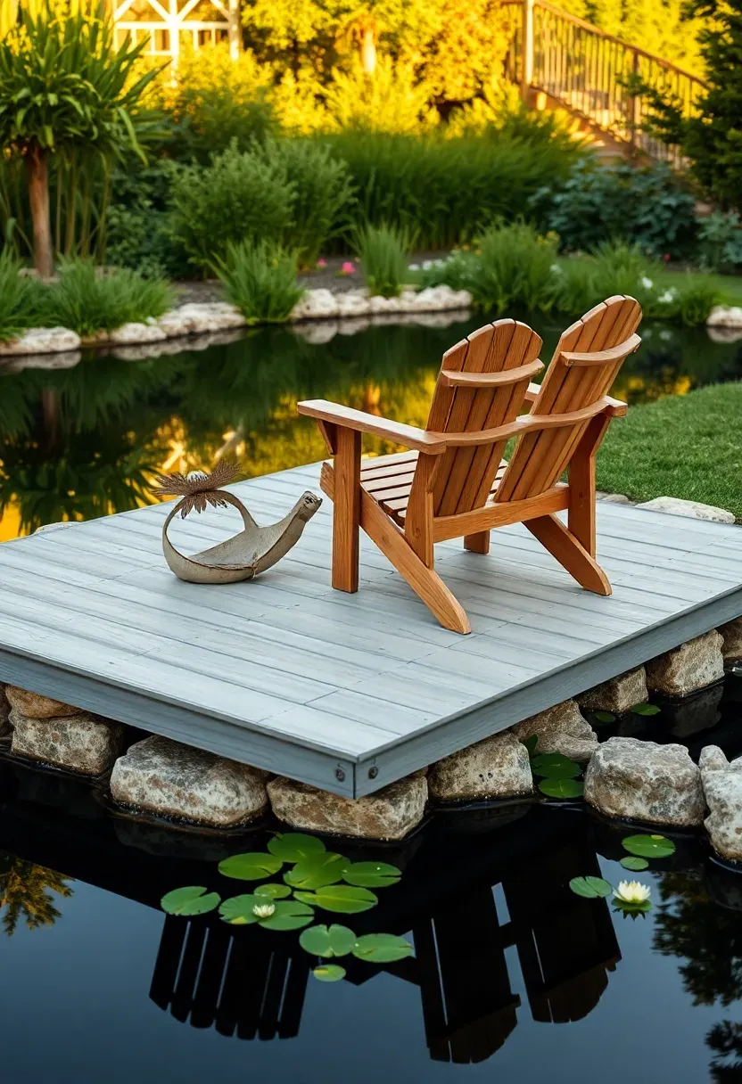 Backyard pond edged with a low wooden deck platform extending over the water, two Adirondack chairs on the deck