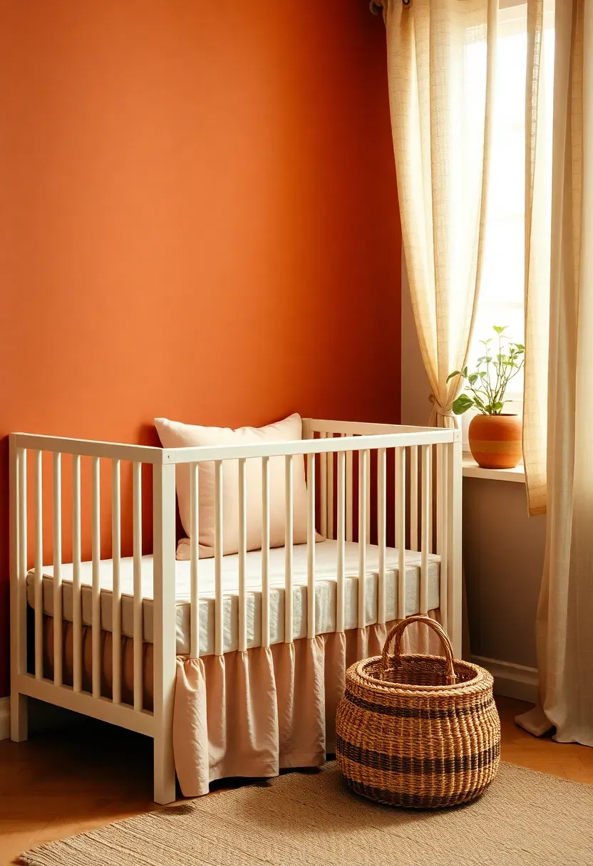 peach and terracotta nursery for baby girl with warm earthy tones and natural textures