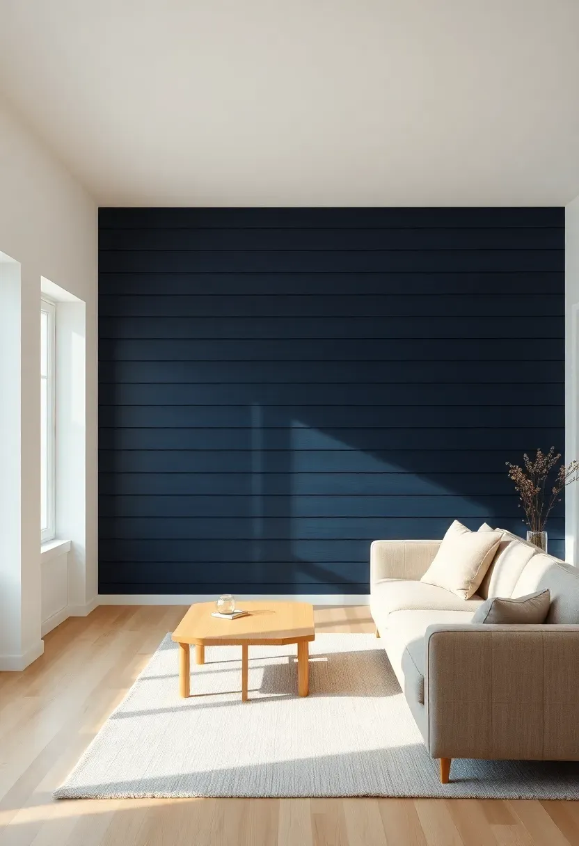 Hyper-realistic wide shot of minimalist living room with navy blue horizontal wood paneling on one wall, white surrounding walls and ceiling, beige sofa, light oak coffee table. Materials: navy blue painted wood paneling with horizontal planks, crisp white walls, beige linen sofa, light oak wood, cream wool rug. Soft natural daylight, subtle shadows emphasizing paneling's depth and texture, architectural and sophisticated atmosphere. Sharp details on wood grain and panel joints, clean composition, no clutter, no text, no watermarks.</p>