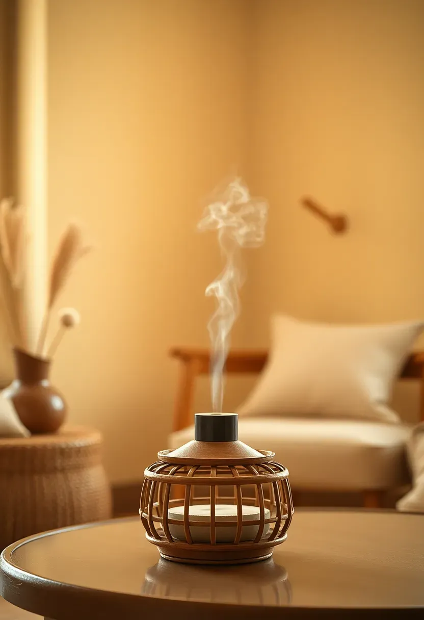 Reed diffuser with rattan vessel and natural essential oils on a minimalist shelf in a cozy boho living room