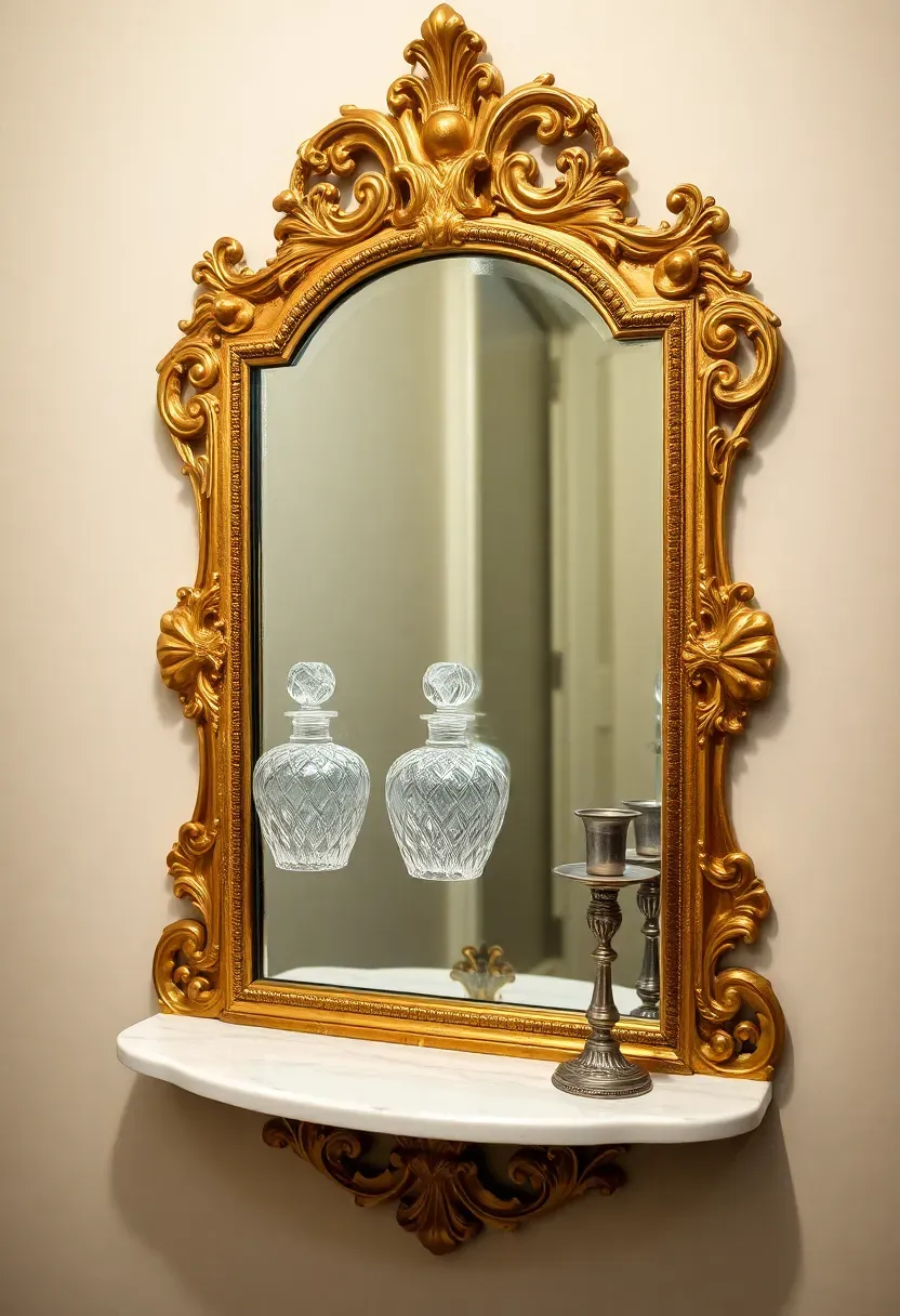 Gilded mirror-back display shelf with ornate gold frame, holding crystal perfume bottles and small antique silver objects