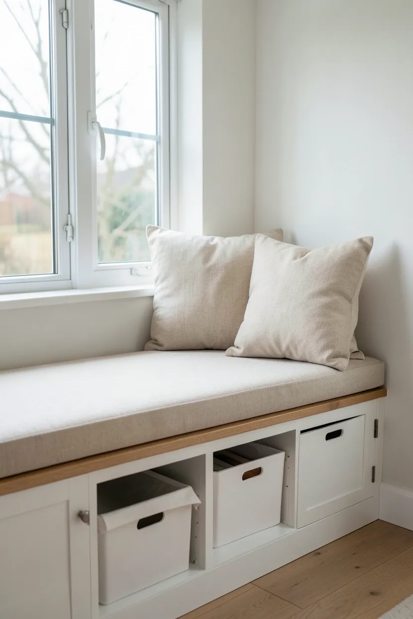 White built-in window bench seat with lift-top storage, thick cushion, and neutral throw pillows in a bright Nordic living room
