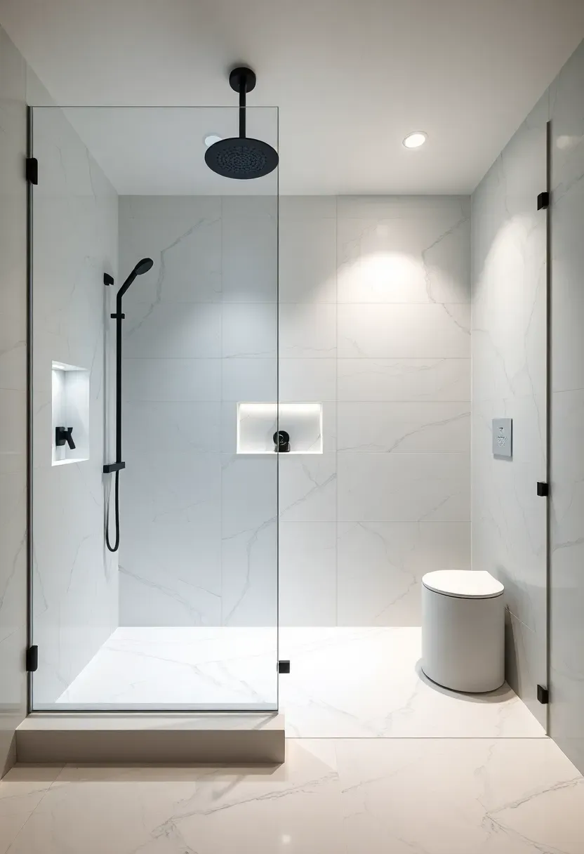 Large format porcelain tile slabs running floor to ceiling in a seamless modern shower design