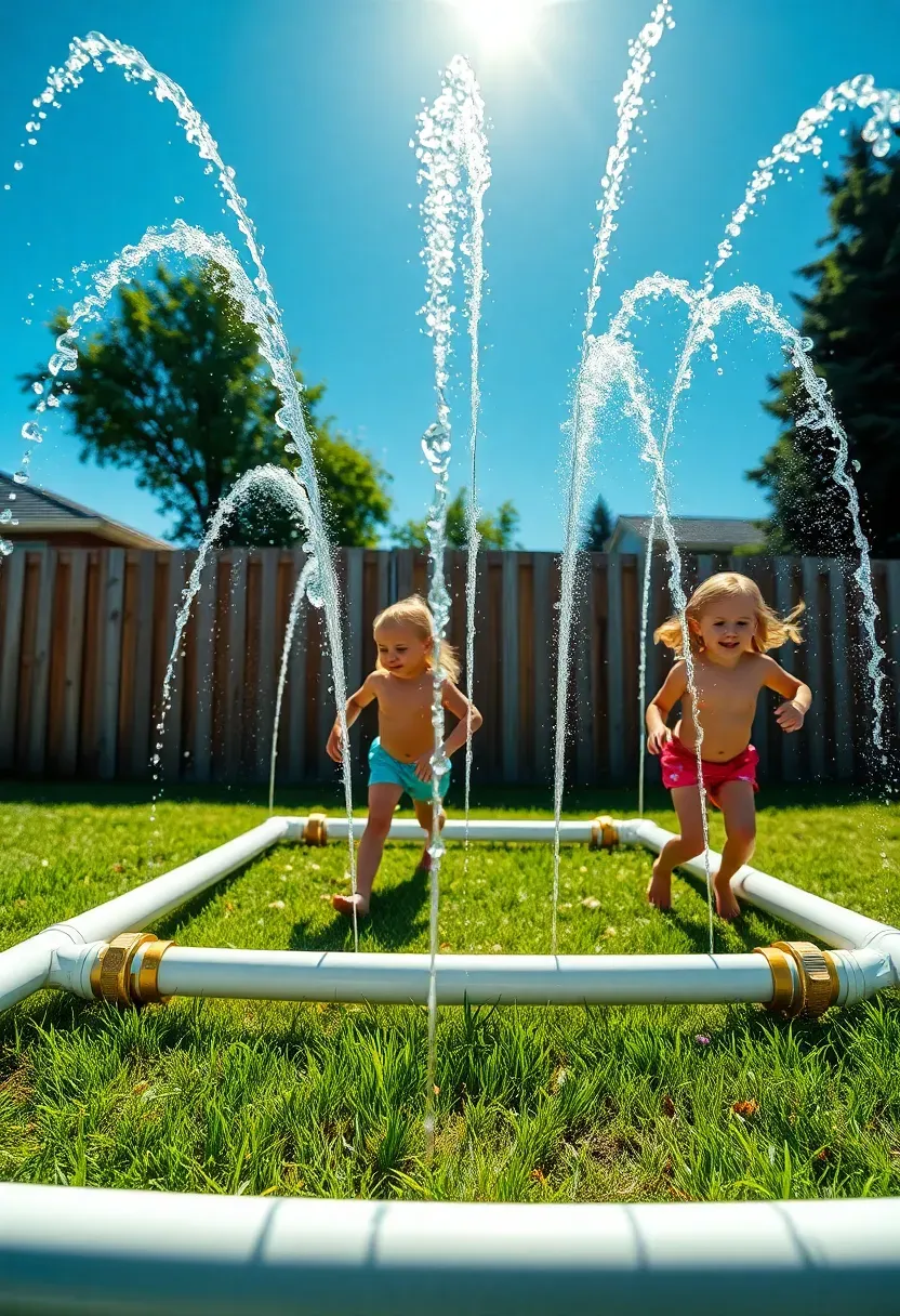 Kids running through a DIY backyard splash pad made from a garden hose attached to a PVC pipe frame with drilled holes, spraying water arcs on a sunny lawn