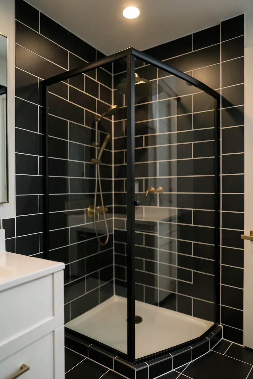 Black subway tile shower with white grout and chrome fixtures in a bold modern bathroom
