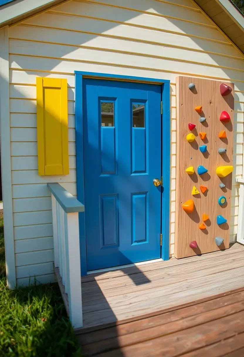 A colorful kids playhouse shed with a small front porch, a bright blue door, yellow window shutters, and a climbing wall on one side