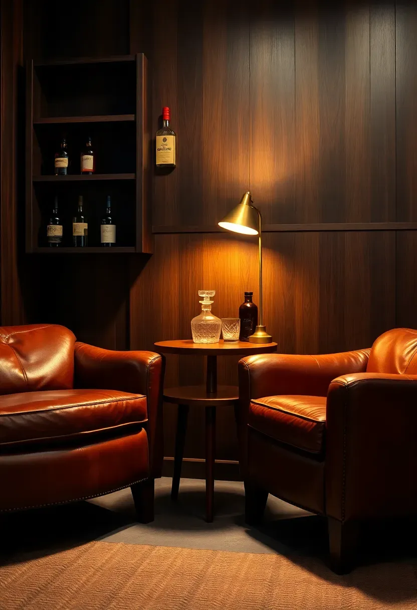 whiskey lounge basement bar with leather club chairs dark wood shelving amber lighting and cigar accessories