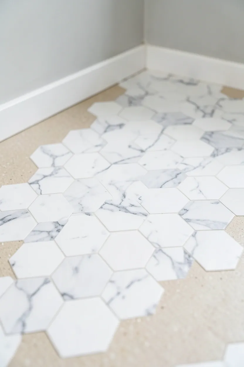 Hexagon patterned peel-and-stick floor decals covering outdated linoleum in a rental apartment bathroom