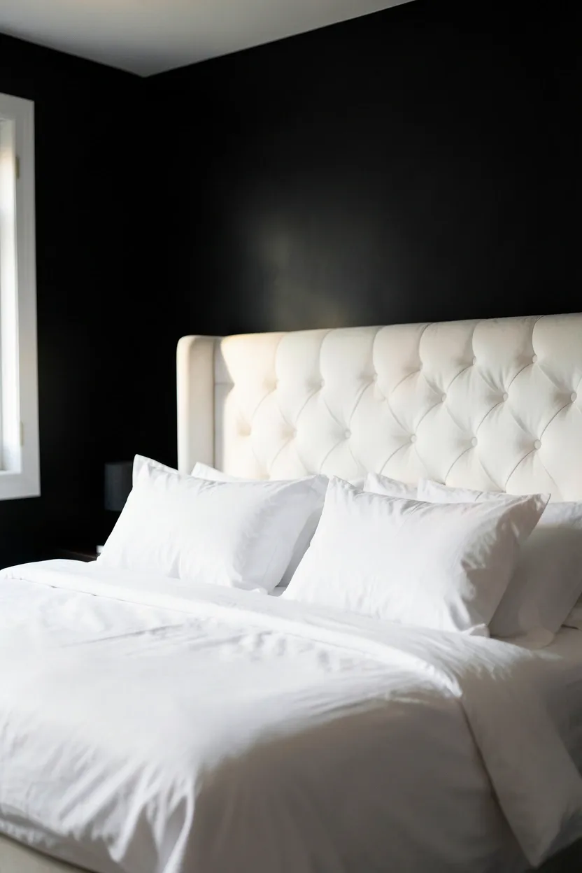 White upholstered headboard popping against deep matte black walls with white bedding in a dramatic moody bedroom