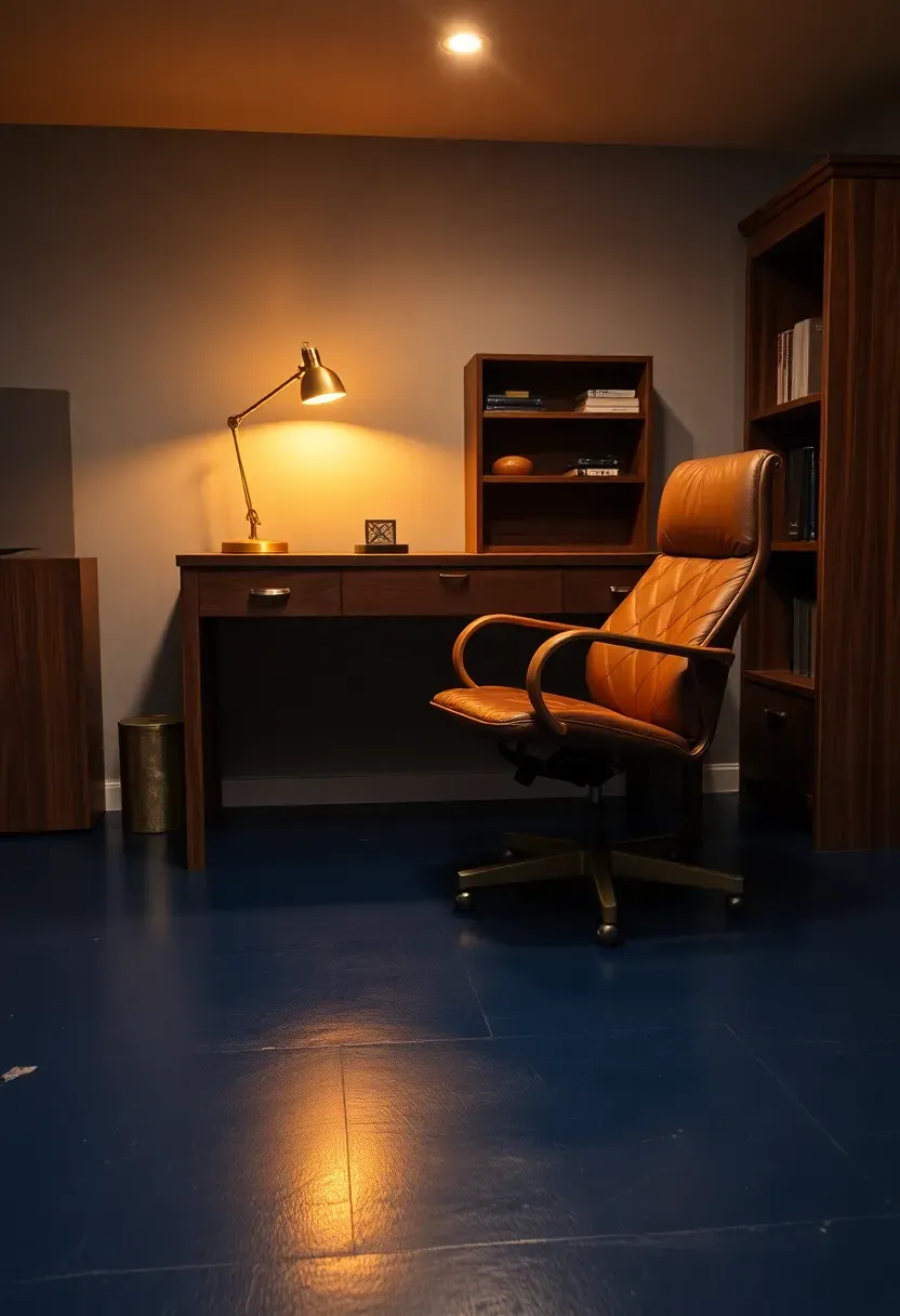 Rich navy blue painted basement floor in a cozy home office with a leather chair dark wood desk and brass table lamp