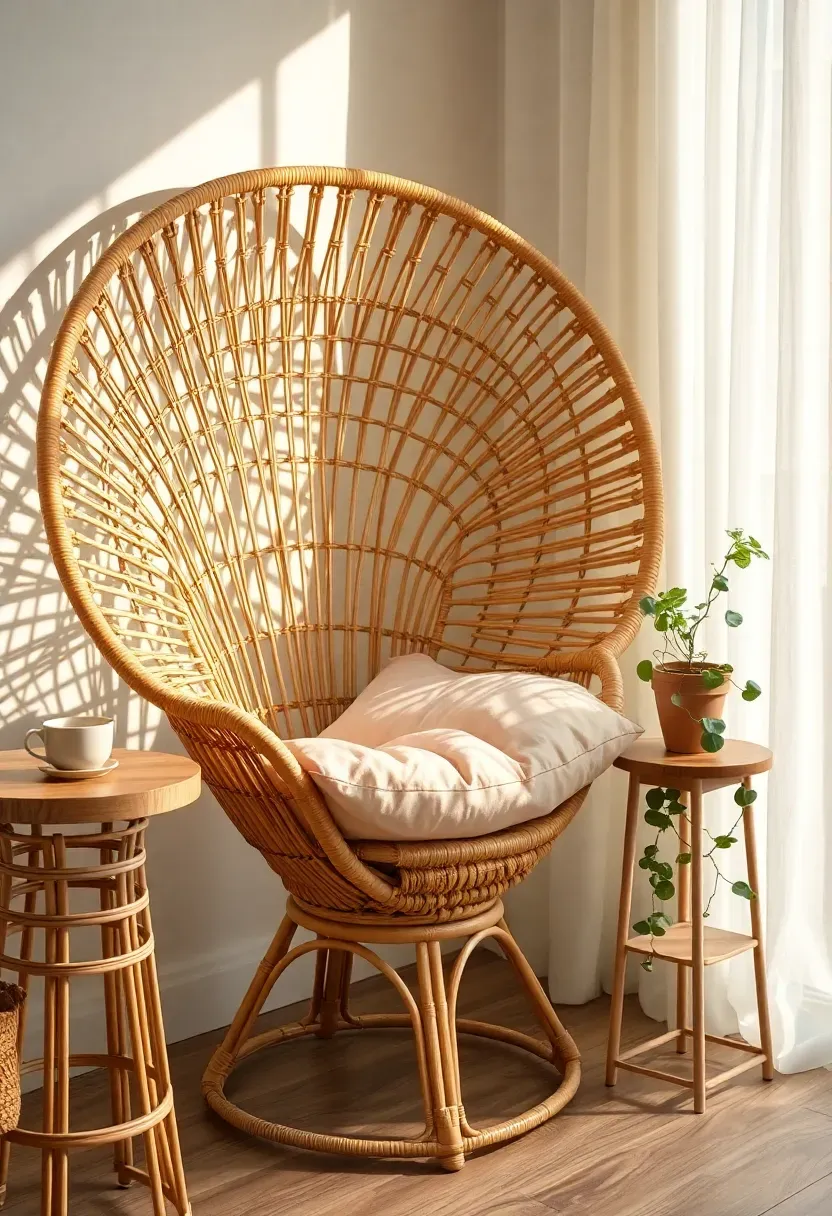 Natural rattan peacock chair with a fan-shaped back and cushion in a boho shabby chic reading corner with plants