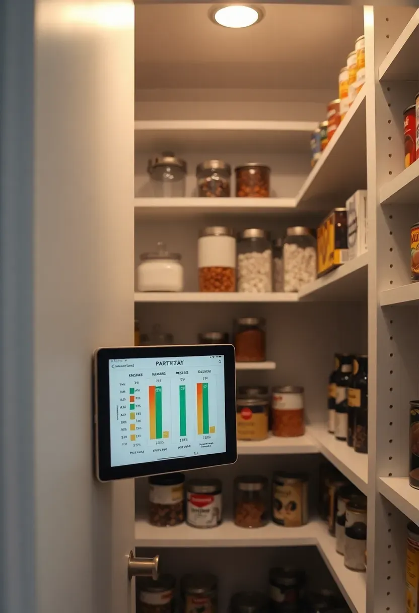 Pantry interior with a small digital tablet on the wall beside the door showing a shelf diagram with highlighted sections and fill indicators, surrounding shelves with varied containers and canned goods