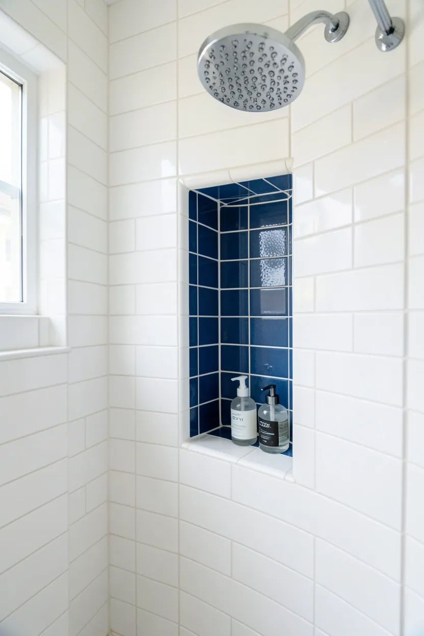 Blue Tile Niche in White Shower