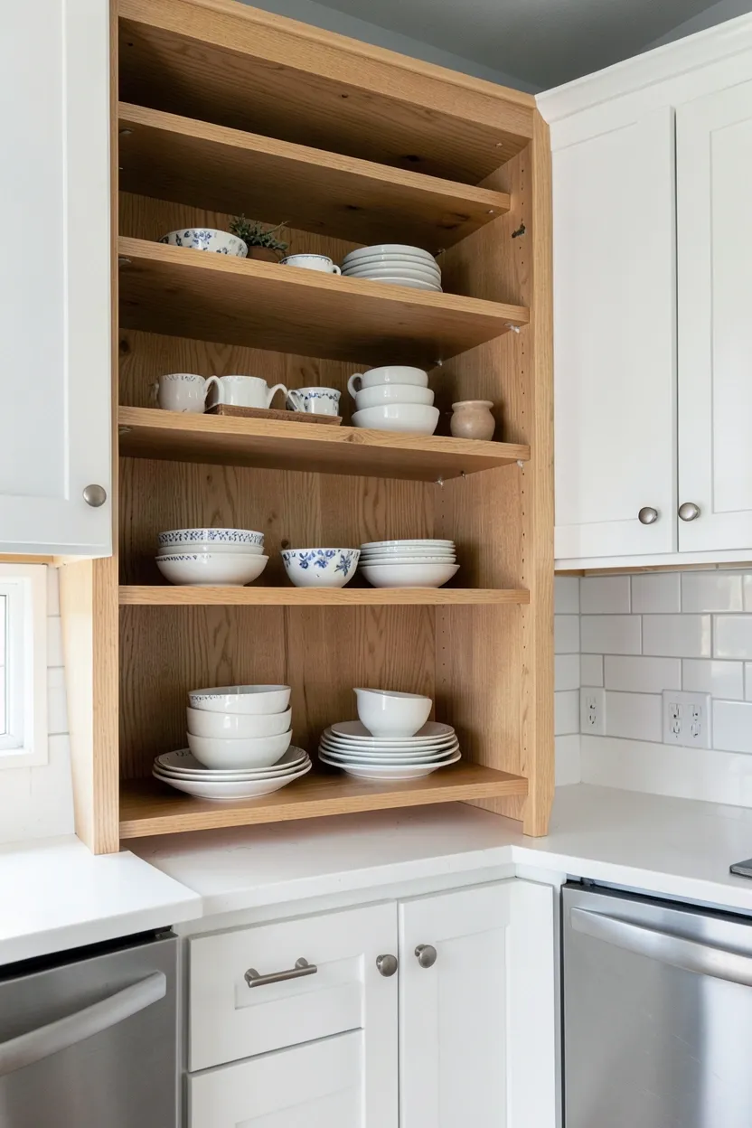 Warm wood open kitchen shelves styled with earthy ceramic dishware and stoneware mugs — cozy lived-in kitchen display