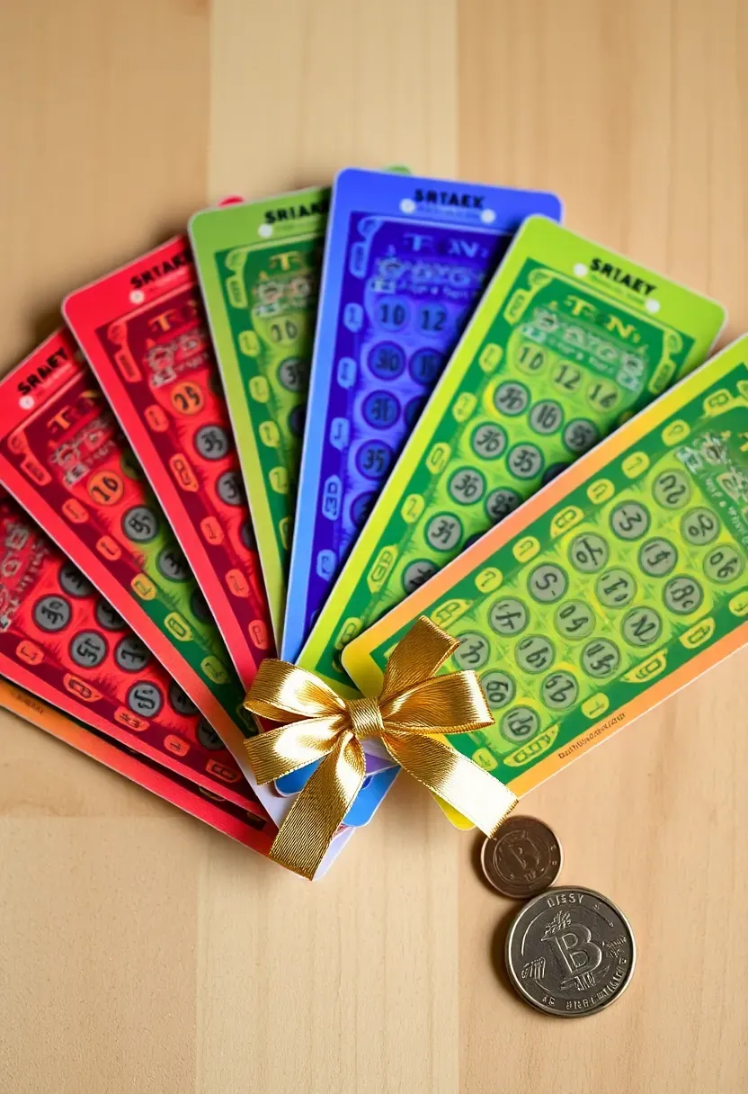 colorful scratch-off lottery tickets arranged in a fan shape with a bow on a gift tray