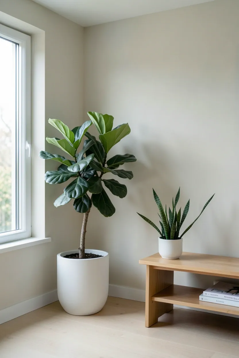 Single fiddle leaf fig in a simple white ceramic pot beside a Japandi living room sofa bringing nature indoors with quiet restraint