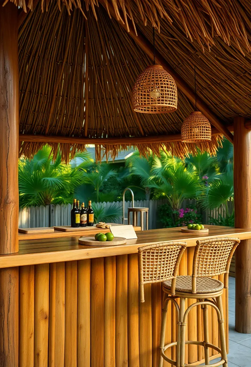 Rustic tiki bar with bamboo facing, thatched roof, bar stools, and pendant lighting in a tropical backyard oasis