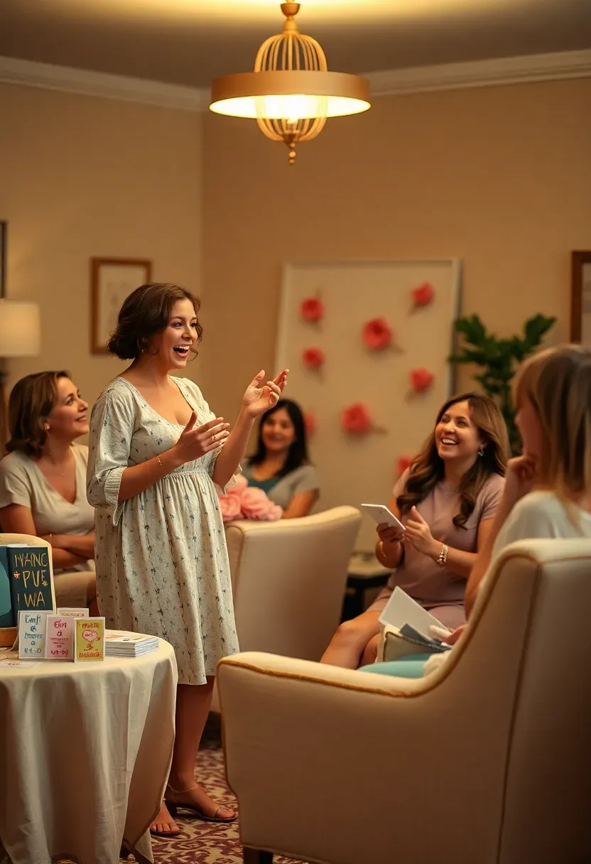 guests acting out baby related charades while teammates shout guesses at a lively shower