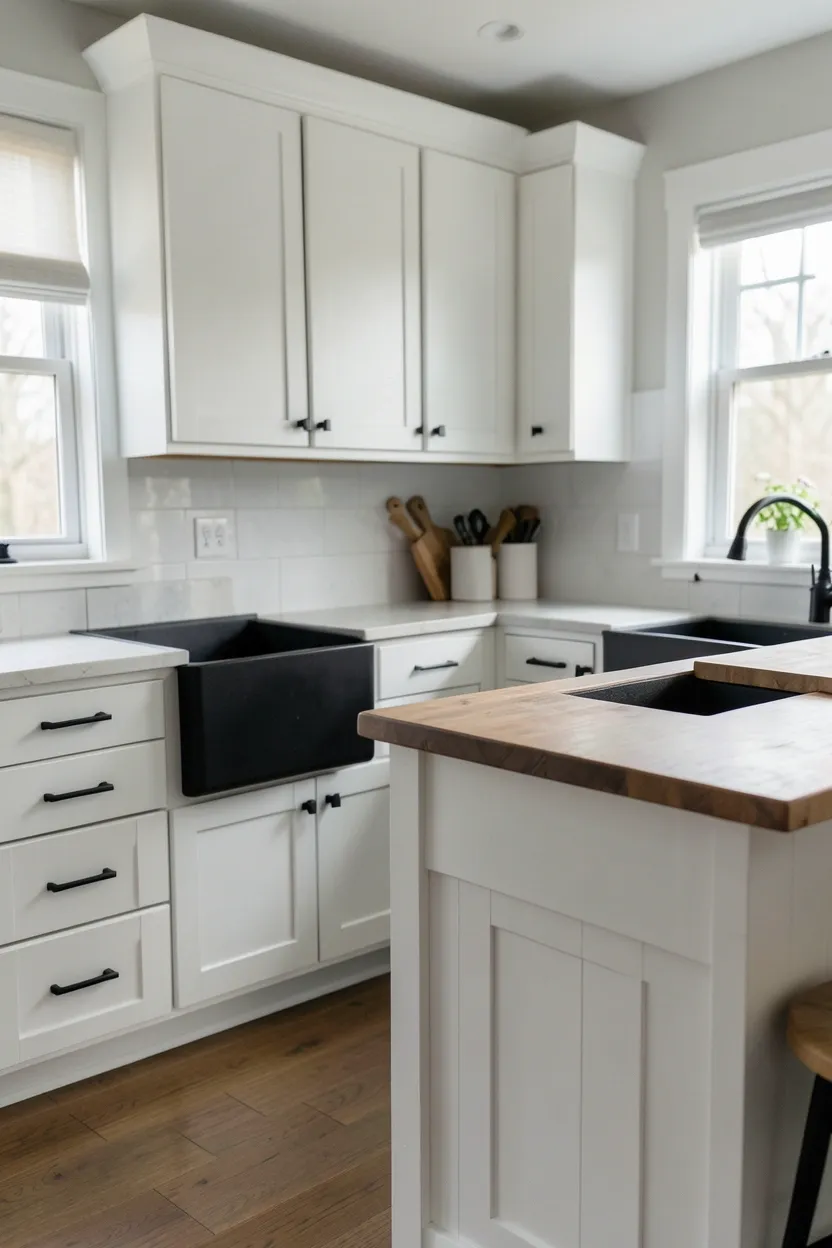 Matte black kitchen cabinets with white Carrara marble countertops and backsplash, brass hardware adding warmth to the dramatic dark monochrome kitchen