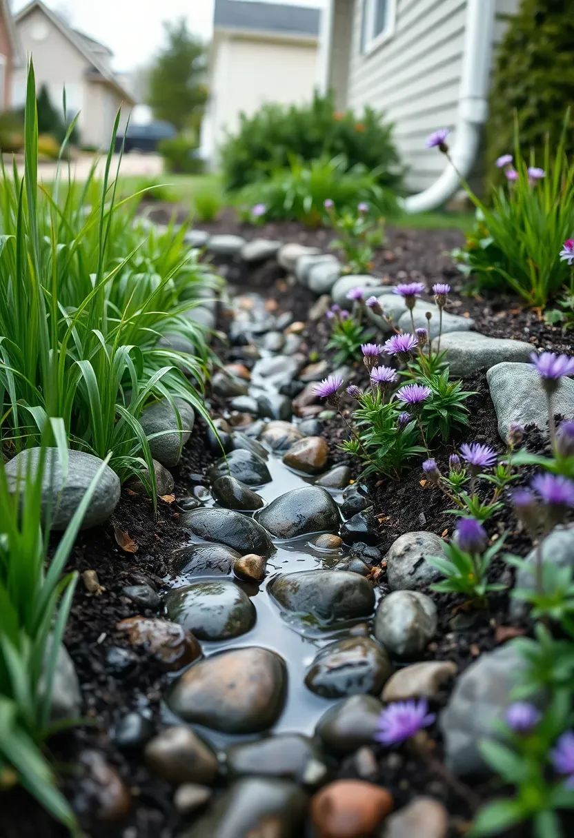 Shallow rain garden swale bed planted with native sedges, rushes, and moisture-loving wildflowers collecting runoff water in a gentle depression in a suburban yard