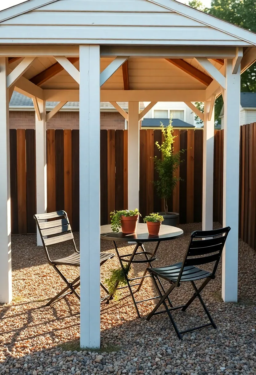 A compact 10x10 pavilion with a simple gable roof in a small urban backyard, with a bistro table for two, potted herbs, and a gravel ground cover surrounded by a privacy fence