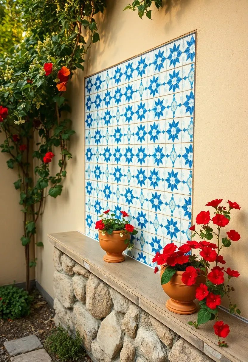 Outdoor tile mosaic wall with blue and white Mediterranean patterns on a backyard garden wall with terracotta planters on a ledge below