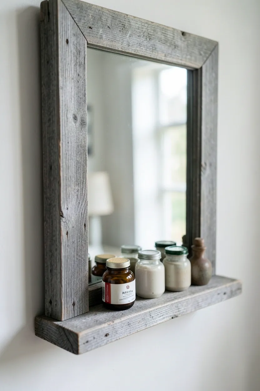 Weathered Wood Mirror Frame with Shelf