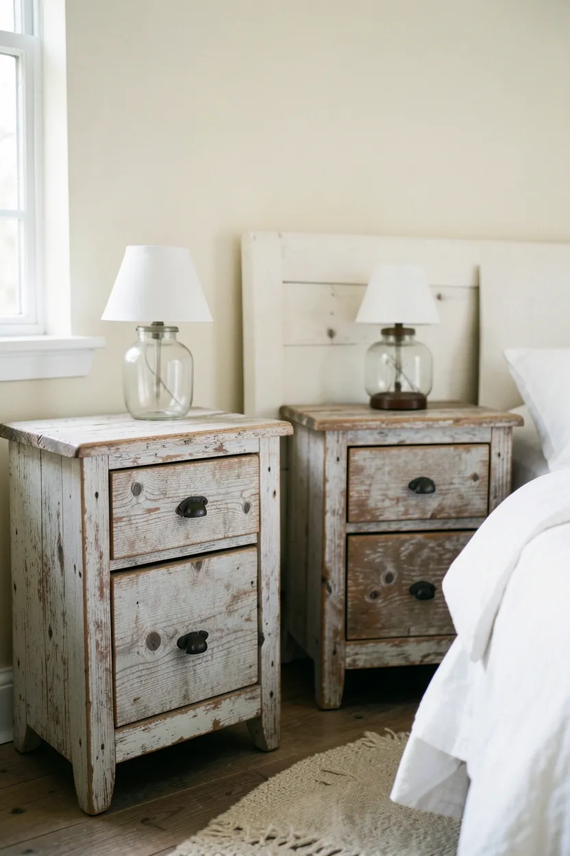 Hyper-realistic eye-level photograph of two distressed wooden nightstands flanking white bed. Weathered pine with worn edges, visible wood grain and knots, simple iron drawer pulls, small table lamps with mason jar shades, minimal accessories. Cream walls, morning light from window. Materials: distressed pine wood, iron drawer pulls, mason jar lamp shades, white bedding. Soft natural light, vintage cozy atmosphere. Shallow depth of field, sharp details on distressed wood texture, balanced composition showing nightstands and bed. No text, no logos, no watermarks.</p>