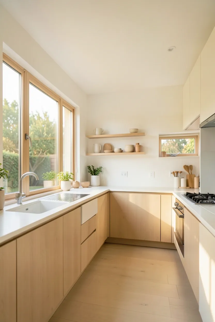 Bright japandi kitchen with large windows, sheer linen curtains, and natural light reflecting off pale oak cabinets
