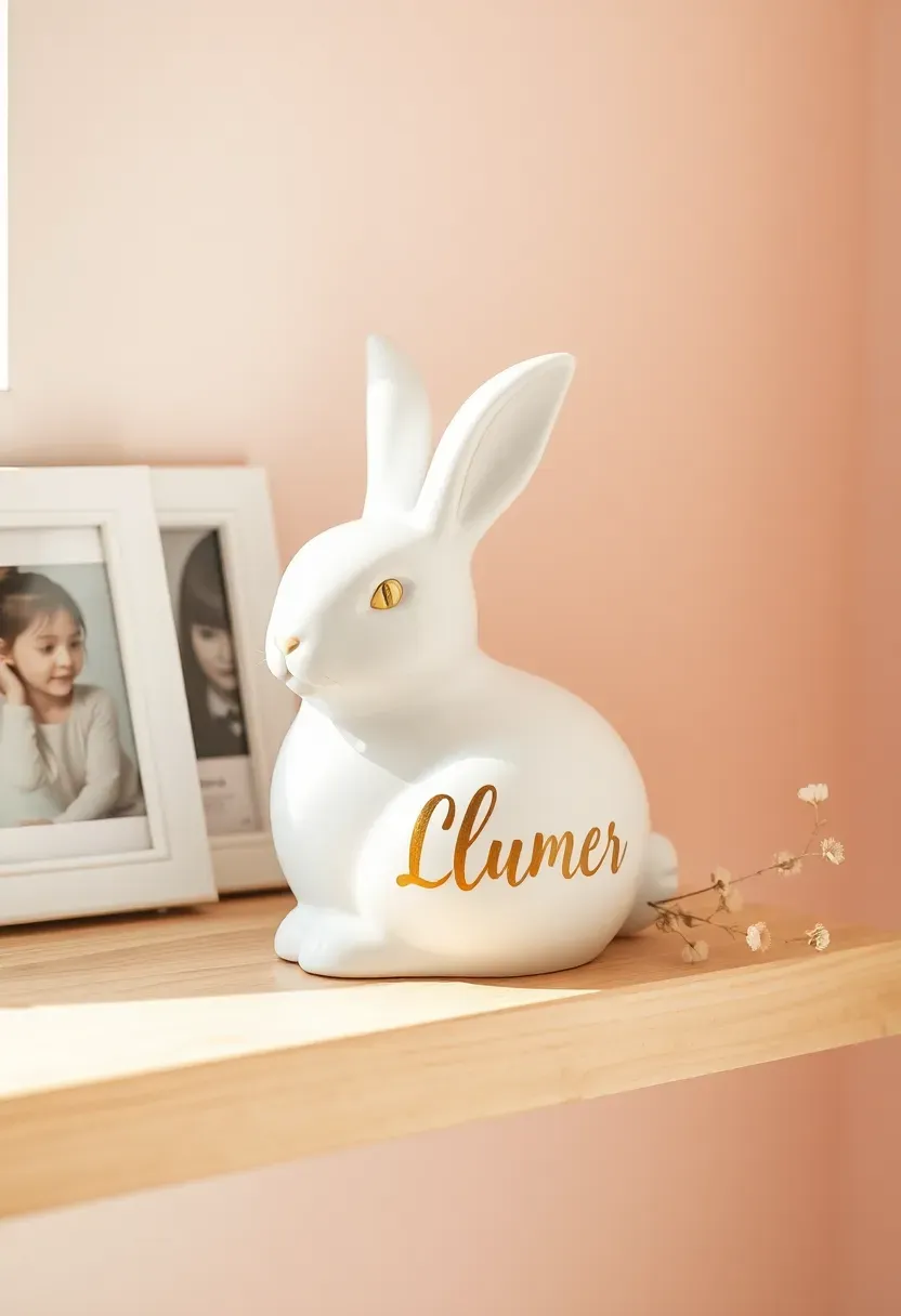 heirloom ceramic money box in the shape of a bunny with baby girl name