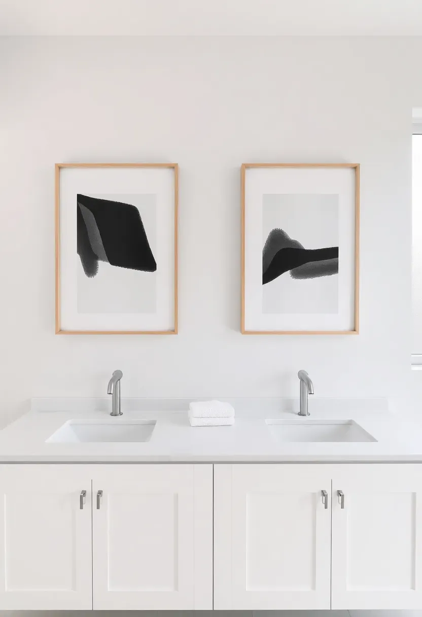 Matched diptych of two abstract minimalist photographs in identical white frames hung centered above a long double vanity with twin round mirrors