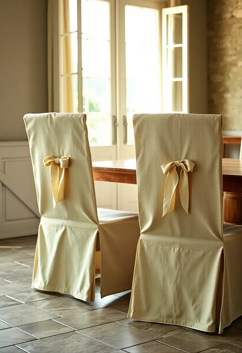 Dining chairs dressed in floor-length natural linen slipcovers with tied bows at the back in a sunlit French country dining room with stone floors
